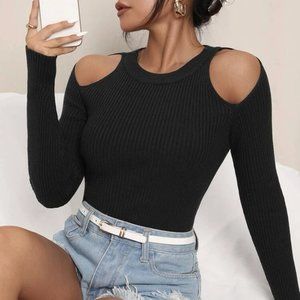 SHEIN Cold Shoulder Rib Knit Sweater Black - Size S